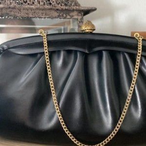 Vintage Leather Admiral Mid Century Black & Gold Clutch Handbag